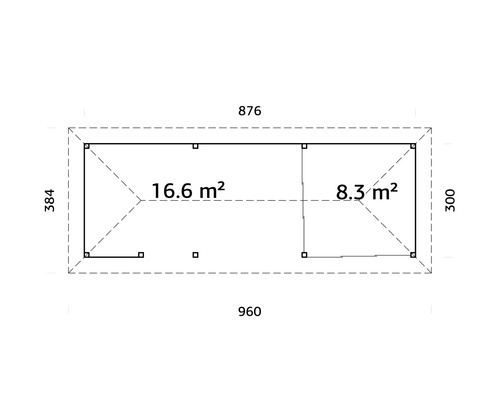 Planritning över ett trädgårdsskjul med måtten 960 gånger 384 centimeter.