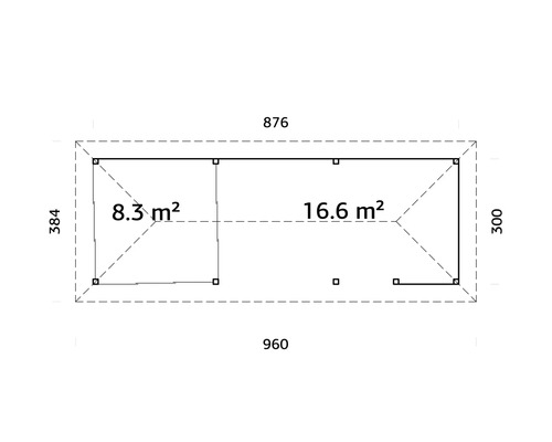 Ritning av ett trädgårdshus med måtten 876 x 384 cm och 960 x 300 cm samt ytuppgifter på 8,3 och 16,6 kvadratmeter