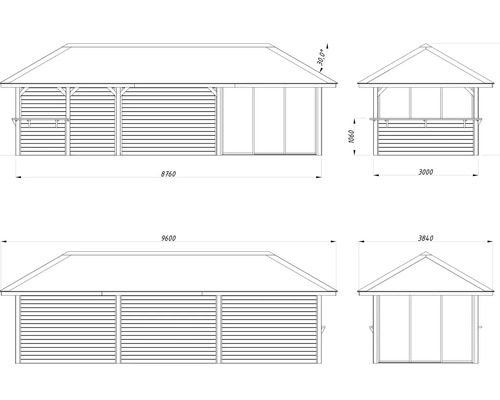 Teknisk ritning av en paviljong med dimensioner