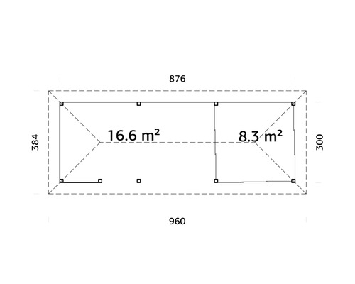 Planritning för ett trädgårdshus med måtten 960 x 384 centimeter och en yta på 16,6 och 8,3 kvadratmeter