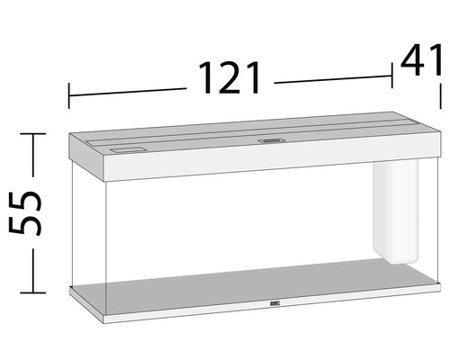 Bild på måtten på ett Juwel akvarium: 121 cm längd, 55 cm höjd, 41 cm djup