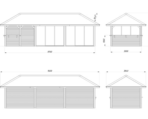 Teknisk ritning av ett trädgårdshus med dimensioner.