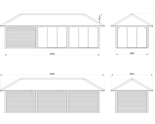 Ritning av ett trädgårdshus med måttangivelser
