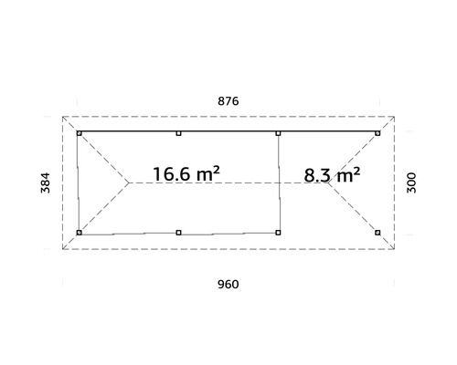 Ritning av ett trädgårdshus med måtten 960 gånger 384 och 876 gånger 300 centimeter samt ytorna 16,6 och 8,3 kvadratmeter.
