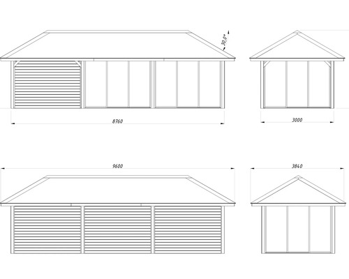 Ritning av ett trädgårdshus med måtten 8760 gånger 3000 och 9600 gånger 3840.