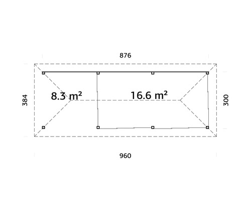 Planritning över ett trädgårdshus med måtten 960 x 384 centimeter och en yta på 8.3 och 16.6 kvadratmeter