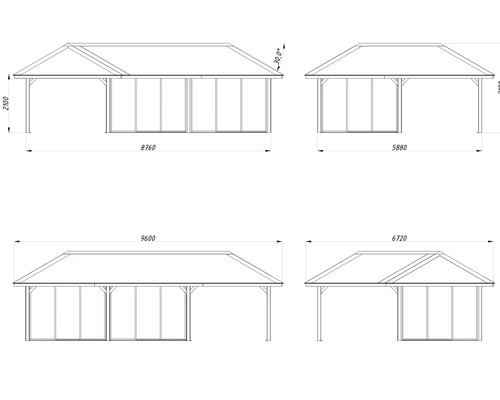 Teknisk ritning av en paviljong med dimensioner