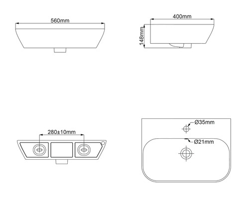 Teknisk ritning av ett tvättställ med mått