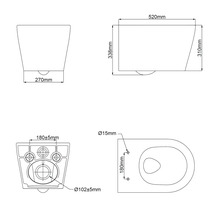 Teknisk ritning av en vägghängd toalett med mått