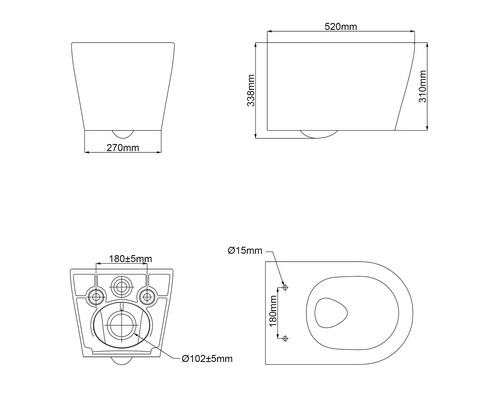 Teknisk ritning av en vägghängd toalett med mått