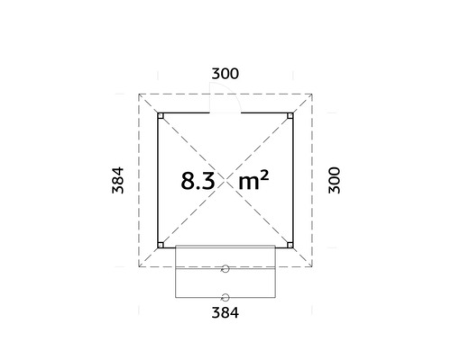 Ritningsplan med en yta på 8,3 kvadratmeter och måtten 300 gånger 384 centimeter.