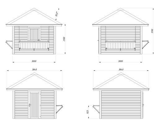 Teknisk ritning av ett trädgårdshus med mått