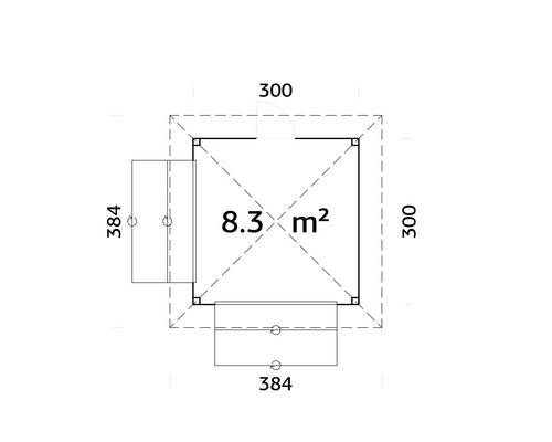 Planritning av ett trädgårdshus med måtten 300 x 300 cm och en yta på 8,3 kvadratmeter