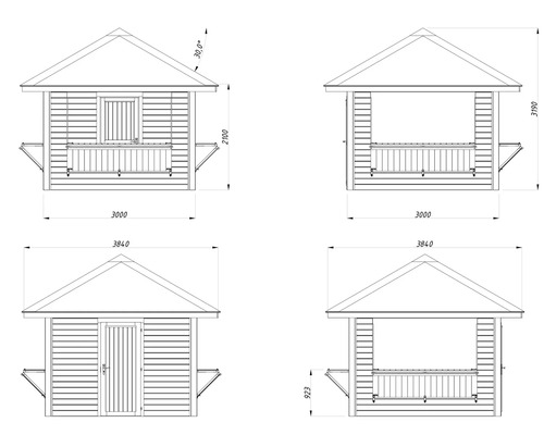 Teknisk ritning av en paviljong med dimensioner