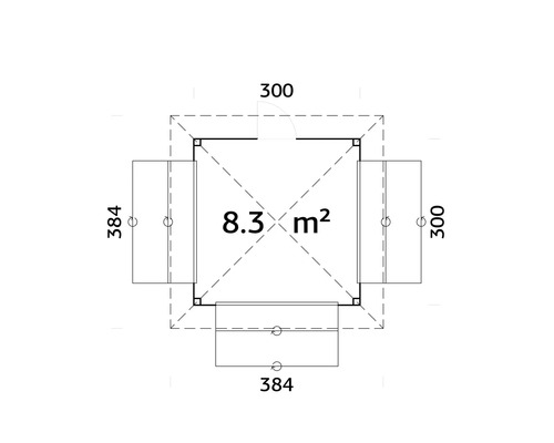 Planritning för ett trädgårdshus med en yta på 8.3 kvadratmeter och måtten 300 x 384 centimeter.
