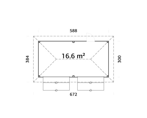 Planritning av ett trädgårdshus med mått i centimeter och kvadratmeter