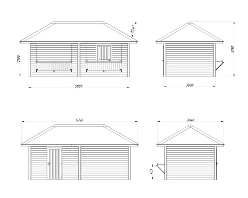 Ritning av ett trädgårdshus med mått