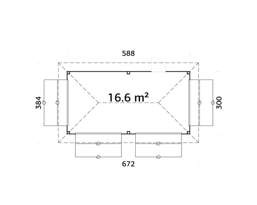 Planritning över ett trädgårdshus med måtten 588 gånger 672 centimeter och en yta på 16,6 kvadratmeter