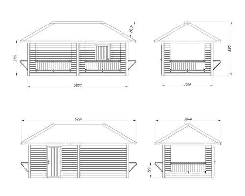 Teknisk ritning av ett trädgårdshus med mått