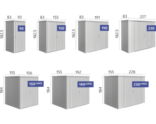 Olika storlekar på metallskåp med bredderna 90 cm, 150 cm, 190 cm och 230 cm