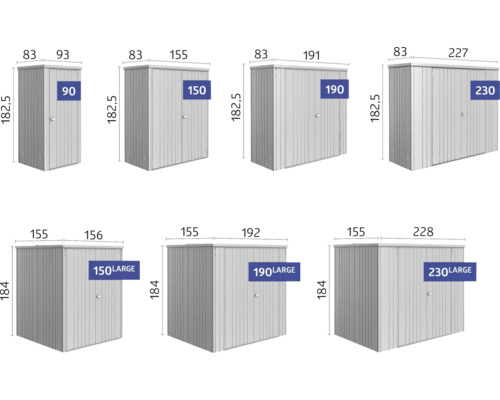 Bild av olika trädgårdsskåp med måttangivelser