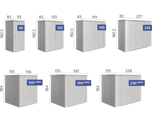 Olika storlekar på trädgårdsbodar i metall med respektive mått