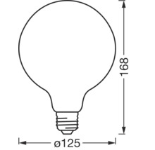 Teknisk ritning av en glödlampa med måtten 125 mm i diameter och 168 mm i höjd