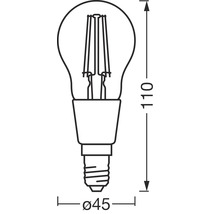 Skiss av en glödlampa med måtten 110 mm längd och 45 mm diameter