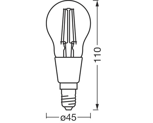 Skiss av en glödlampa med måtten 110 mm längd och 45 mm diameter