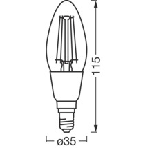 Teknisk ritning av en ljuskälla med måtten 115 mm hög och 35 mm i diameter