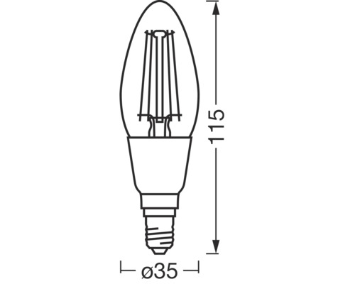 Teknisk ritning av en ljuskälla med måtten 115 mm hög och 35 mm i diameter