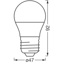 Teknisk ritning av en lampa med måtten 47 millimeter i diameter och 92 millimeter i höjd