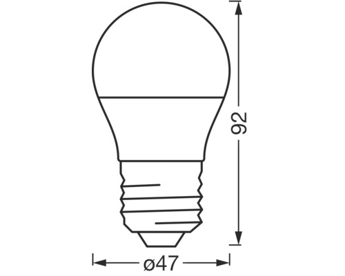 Teknisk ritning av en lampa med måtten 47 millimeter i diameter och 92 millimeter i höjd