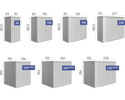 Olika storlekar på metallskåp med måttangivelser