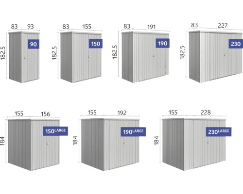 Olika storlekar av trädgårdsskjul med dimensioner