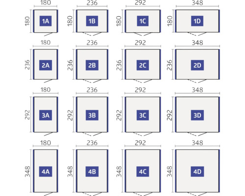Storleksöversikt med dimensioner av olika rektangulära former