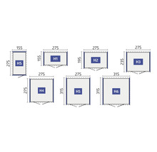 Illustration av olika trädgårdsbodstorlekar med beteckningarna HS, H1, H2, H3, H4, H5 och H6 samt måttuppgifter.