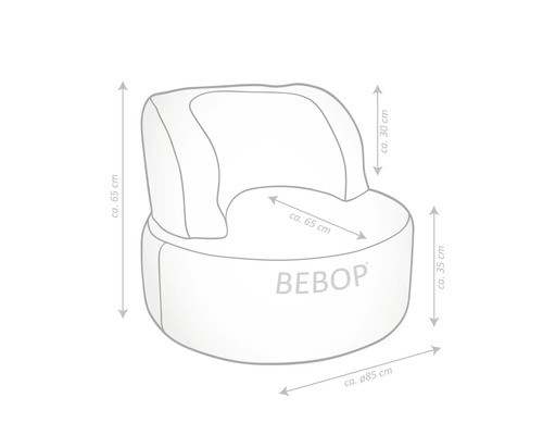Bebop fåtölj med måtten cirka 65 cm höjd, cirka 85 cm diameter, cirka 65 cm bredd och cirka 30 cm ryggstödshöjd