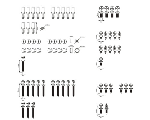 Teknisk ritning av pluggar, skruvar och brickor med måttangivelser