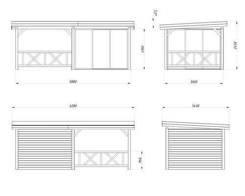Teknisk ritning av ett trädgårdshus med mått