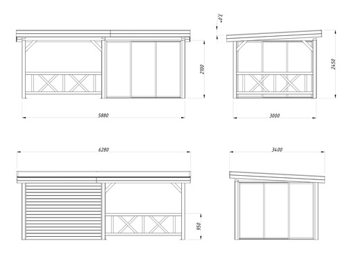 Teknisk ritning av en paviljong med dimensioner