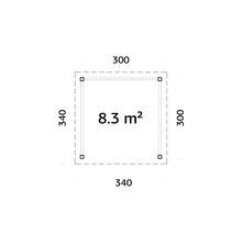 Planritning med måtten 300 gånger 340 centimeter och en yta på 8,3 kvadratmeter