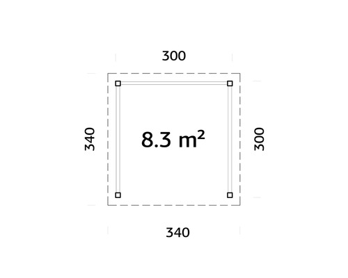 Planritning med måtten 340 gånger 300 centimeter och 8,3 kvadratmeter yta