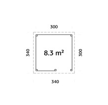 Planritning med sidlängder 340 och 300 och en yta på 8,3 kvadratmeter
