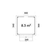 Planritning med mått: 8,3 kvadratmeter yta, 340 centimeter bredd, 300 centimeter djup