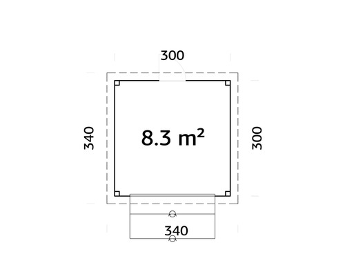 Planritning med måtten 340 gånger 300 och en yta på 8,3 kvadratmeter