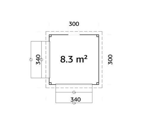 Planritning med dimensioner: 8,3 kvadratmeter, 300 centimeter och 340 centimeter
