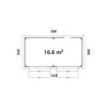 Planritning med måtten 588 gånger 340 och 300 gånger 628 samt 16,6 kvadratmeter yta