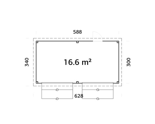 Planritning med måtten 588 x 340 och en yta på 16,6 kvadratmeter