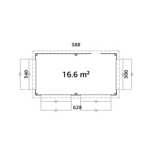 Planritning av ett trädgårdshus med en yta på 16.6 kvadratmeter